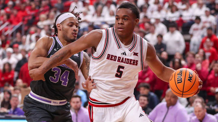 Texas Tech's Josiah Moseley dribbles against Kansas State during a Big 12 Conference men's basketball game, Saturday, Feb. 21, 2026, in United Supermarkets Arena.
