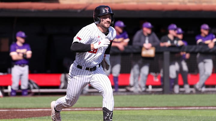 Texas Tech's Robin Villeneuve runs to first against UAlbany during a non-conference baseball game, Sunday, Feb. 22, 2026, at Rip Griffin Park.