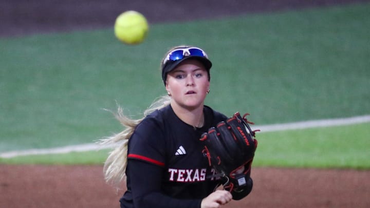 Texas Tech's Taylor Pannell throws to first against North Texas during a Division I non-conference softball game, Friday, Feb. 27, 2026, at Rocky Johnson Field.