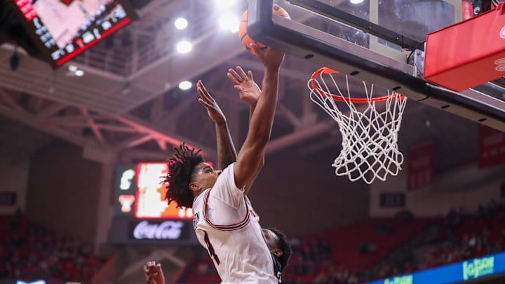 Texas Tech's Christian Anderson goes up for the layup against Cincinnati during a Big 12 Conference men's basketball game, Tuesday, Feb. 24, 2026, in United Supermarkets Arena.