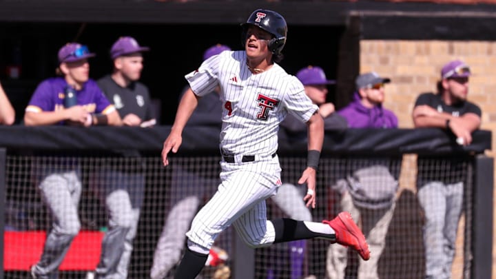 Texas Tech's Linkin Garcia scores a run against UAlbany during a non-conference baseball game, Sunday, Feb. 22, 2026, at Rip Griffin Park. Texas Tech's Linkin Garcia scores a run against UAlbany during a non-conference baseball game, Sunday, Feb. 22, 2026, at Rip Griffin Park.