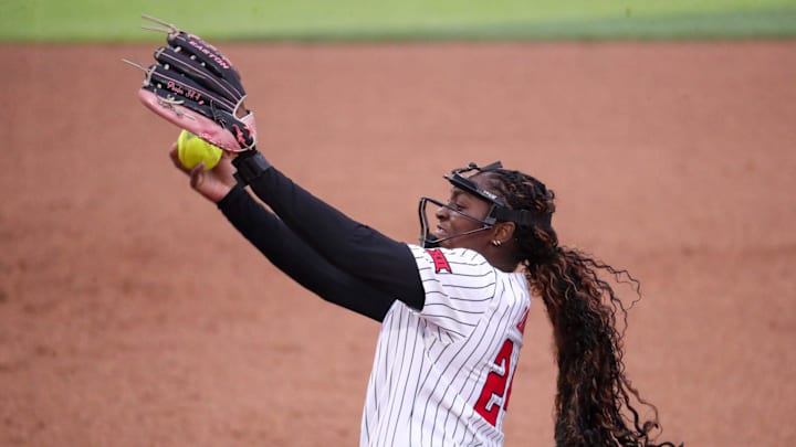 Texas Tech's NiJaree Canady pitches against Iowa State during a Big 12 Conference softball game, Friday, March 27, 2026, at Tracy Sellers Field.