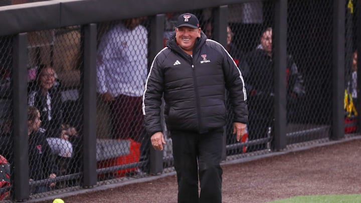 Texas Tech head coach Gerry Glasco laughs off getting hit by a foul ball during a Big 12 Conference softball game, Friday, March 27, 2026, at Tracy Sellers Field. Texas Tech head coach Gerry Glasco laughs off getting hit by a foul ball during a Big 12 Conference softball game, Friday, March 27, 2026, at Tracy Sellers Field.