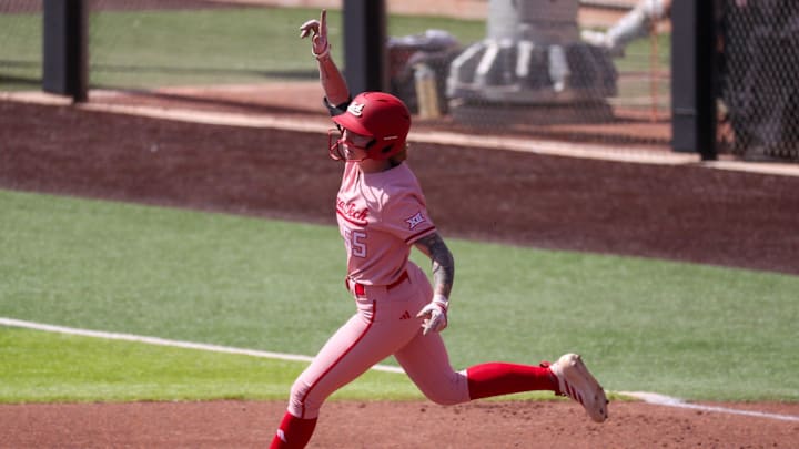Texas Tech's Kaitlyn Terry rounds the bases after hitting a home run against Iowa State during a Big 12 Conference softball game, Sunday, March 29, 2026, at Tracy Sellers Field.