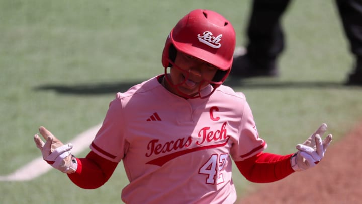 Texas Tech's Mihyia Davis gestures after hitting a home run against Iowa State during a Big 12 Conference softball game, Sunday, March 29, 2026, at Tracy Sellers Field.