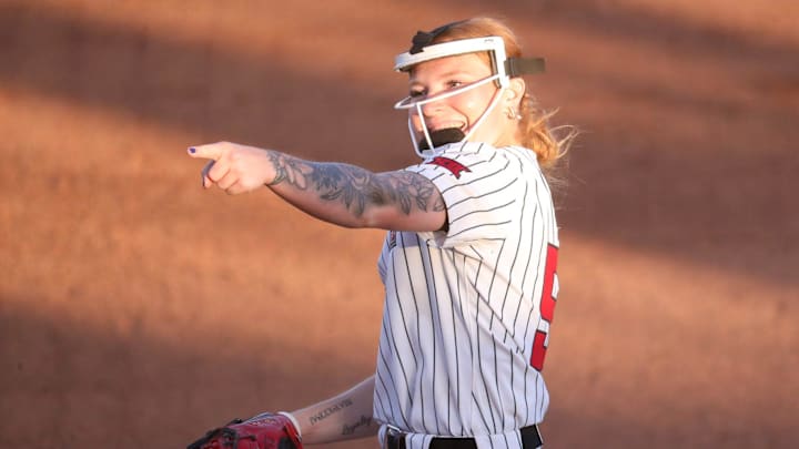 Texas Tech's Kaitlyn Terry gestures after her game-ending strikeout to complete a five-inning no-hitter against Detroit Mercy during a Division I non-conference softball game, Saturday, Feb. 28, 2026, at Rocky Johnson Field. Texas Tech's Kaitlyn Terry gestures after her game-ending strikeout to complete a five-inning no-hitter against Detroit Mercy during a Division I non-conference softball game, Saturday, Feb. 28, 2026, at Rocky Johnson Field.