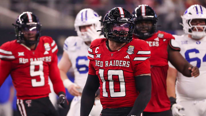 Texas Tech's Jacob Rodriguez gets up after making a tackle against BYU during the Big 12 Conference championship football game, Saturday, Nov. 6, 2025, at AT&T Stadium in Arlington.