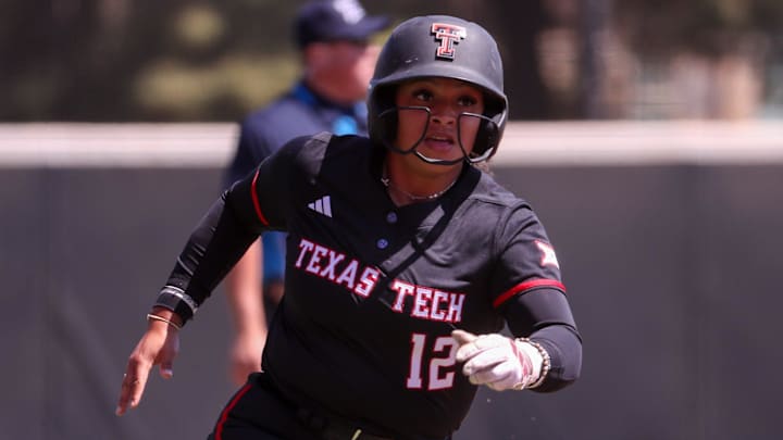 Texas Tech's Jazzy Burns scores a run against Iowa State during a Big 12 Conference softball game, Saturday, March 28, 2026, at Tracy Sellers Field.