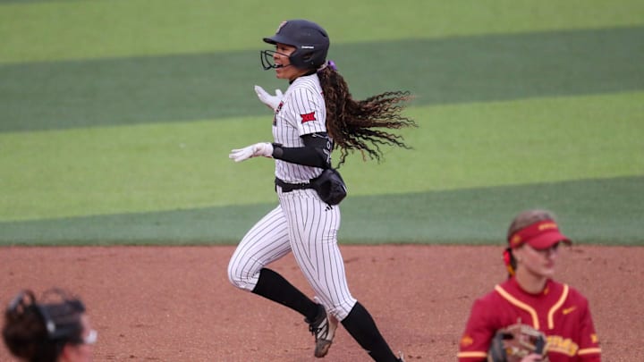 Texas Tech's Desirae Spearman celebrates a home run against Iowa State during a Big 12 Conference softball game, Friday, March 27, 2026, at Tracy Sellers Field.