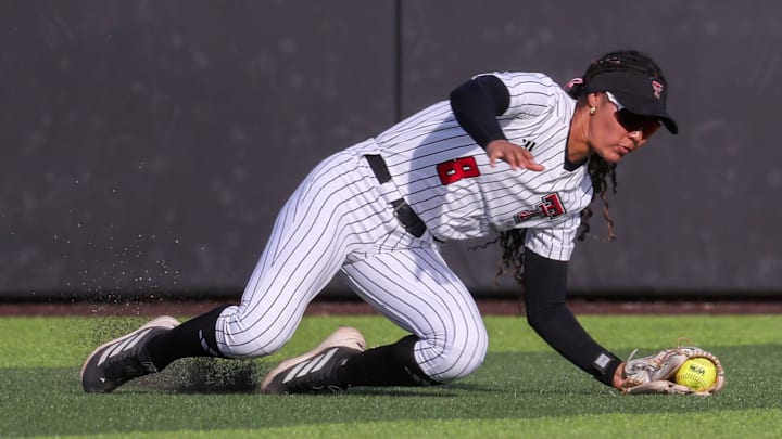 Texas Tech's Desirae Spearman catches a liner against Tarleton State during a non-conference softball game, Tuesday, April 28, 2026, at Tracy Sellers Field.