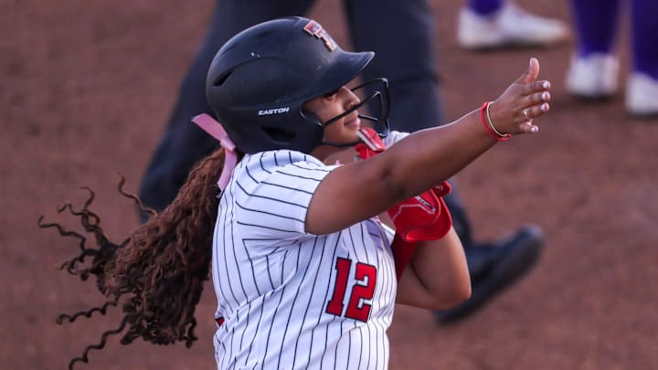 Texas Tech's Jasmyn Burns gestures after hitting a home run against Tarleton State during a non-conference softball game, Tuesday, April 28, 2026, at Tracy Sellers Field.