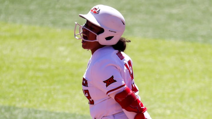 Texas Tech's Jasmyn Burns celebrates her home run against BYU during a Big 12 Conference softball game, Saturday, April 4, 2026, at Tracy Sellers Field.