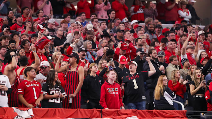 Texas Tech fans get ready for the start of the Big 12 Conference championship football game, Saturday, Nov. 6, 2025, at AT&T Stadium in Arlington.