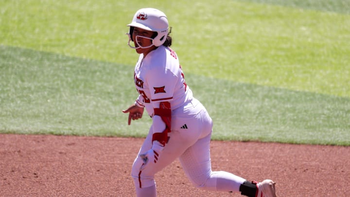 Texas Tech's Jasmyn Burns celebrates a home run against BYU during a Big 12 Conference softball game, Saturday, April 4, 2026, at Tracy Sellers Field.