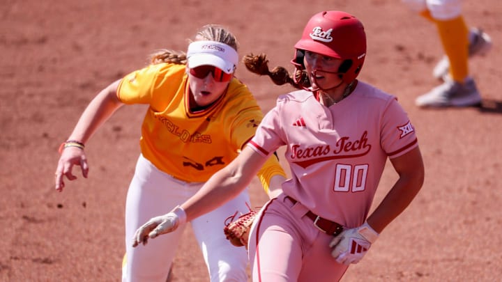 Texas Tech's Jackie Lis (00) is tagged out by Iowa State's Reagan Bartholomew during a Big 12 Conference softball game, Sunday, March 29, 2026, at Tracy Sellers Field.