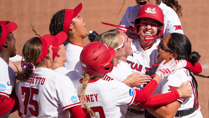 Texas Tech's Taylor Pannell celebrates her game-winning sacrifice fly against Ole Miss with teammates during the Lubbock Regional of the NCAA Division I softball tournament, Saturday, May 16, 2026, at Tracy Sellers Field. Texas Tech's Taylor Pannell celebrates her game-winning sacrifice fly against Ole Miss with teammates during the Lubbock Regional of the NCAA Division I softball tournament, Saturday, May 16, 2026, at Tracy Sellers Field.