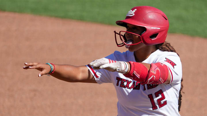 Texas Tech's Jasmyn Burns reacts to a hit against Ole Miss during the Lubbock Regional of the NCAA Division I softball tournament, Saturday, May 16, 2026, at Tracy Sellers Field.