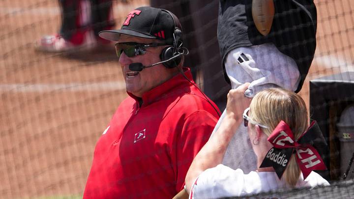 Texas Tech head coach Gerry Glasco conducts an interview on ESPN during a Big 12 Conference softball game, Saturday, May 2, 2026, at Tracy Sellers Field.