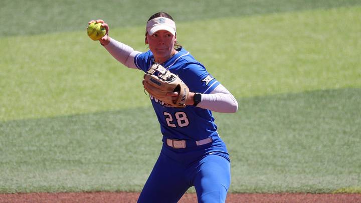 BYU's Tristen Turlington prepares to throw against Texas Tech during a Big 12 Conference softball game, Saturday, April 4, 2026, at Tracy Sellers Field.