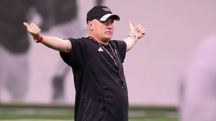 Texas Tech head coach Joey McGuire looks on during spring football practice, Thursday, March 26, 2026, at the Womble Football Center.