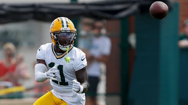 Green Bay Packers wide receiver Jayden Reed (11) catches a pass during the first day of training camp on Wednesday, July 23, 2025, at Ray Nitschke Field in Ashwaubenon, Wis. 
Tork Mason/USA TODAY NETWORK-Wisconsin