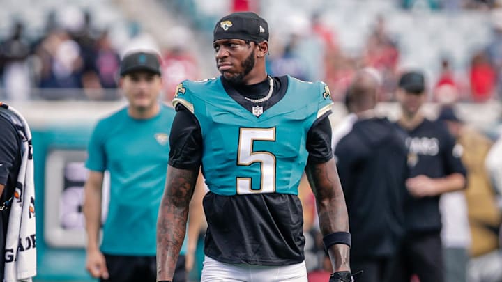 Sep 21, 2025; Jacksonville, Florida, USA; Jacksonville Jaguars wide receiver Dyami Brown (5) during pregame against the Houston Texans at EverBank Stadium. 