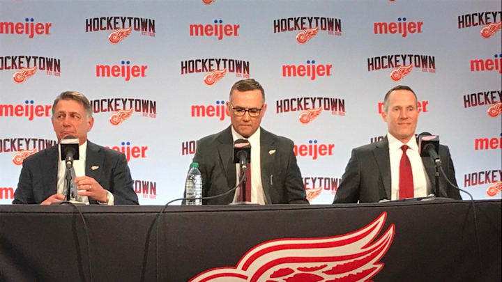 From left: Ken Holland, Steve Yzerman and Christopher Ilitch at Little Caesars Arena in Detroit on April 19, 2019.

Wings Conference