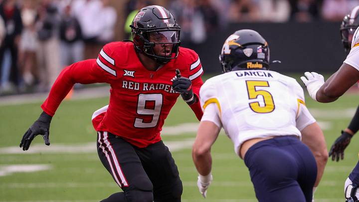 Texas Tech's Romello Height rushes the Kent State offense during a non-conference football game, Saturday, September 6, 2025, at Jones AT&T Stadium.