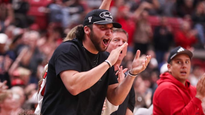Texas Tech football player Brendan Sorsby reacts to a play during a Big 12 Conference men's basketball game, Tuesday, Feb. 24, 2026, in United Supermarkets Arena.