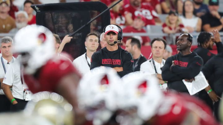 Arizona Cardinals head coach Jonathan Gannon watches during a preseason game on Aug. 10, 2024 at State Farm Stadium in Glendale. Arizona Cardinals head coach Jonathan Gannon watches during a preseason game on Aug. 10, 2024 at State Farm Stadium in Glendale.