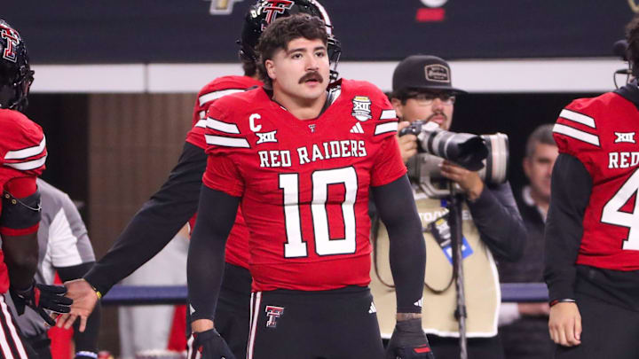 Texas Tech's Jacob Rodriguez looks on during warmups before the Big 12 Conference championship football game, Saturday, Nov. 6, 2025, at AT&T Stadium in Arlington.