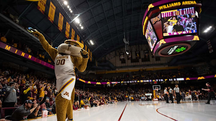 Jan 30, 2019; Minneapolis, MN, USA; Minnesota Gophers mascot Goldy entertains fans during the second half against the Illinois Fighting Illini at Williams Arena. Mandatory Credit: Harrison Barden-Imagn Images Jan 30, 2019; Minneapolis, MN, USA; Minnesota Gophers mascot Goldy entertains fans during the second half against the Illinois Fighting Illini at Williams Arena. Mandatory Credit: Harrison Barden-Imagn Images
