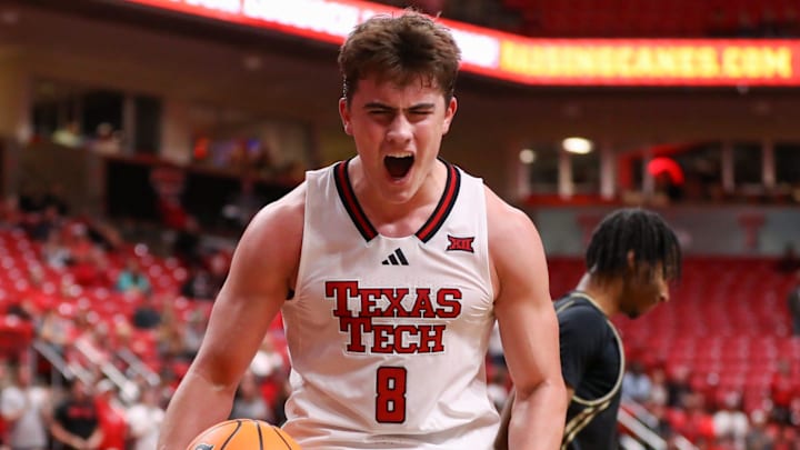 Texas Tech's Nolan Groves reacts to a play against Lindenwood during a non-conference men's basketball game, Tuesday, Nov. 4, 2025, at United Supermarkets Arena.