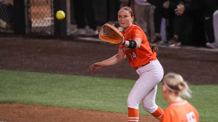 Oklahoma State's Tallen Edwards catches an out against Texas Tech during a Big 12 Conference softball game, Friday, March 8, 2025, at Rocky Johnson Field.