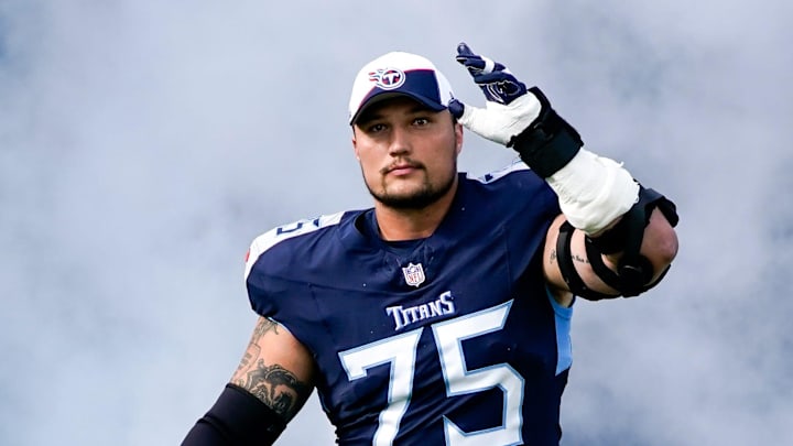 Tennessee Titans offensive tackle Dillon Radunz (75) heads to the field before a game against the Indianapolis Colts at Nissan Stadium in Nashville, Tenn., Sunday, Dec. 3, 2023. Tennessee Titans offensive tackle Dillon Radunz (75) heads to the field before a game against the Indianapolis Colts at Nissan Stadium in Nashville, Tenn., Sunday, Dec. 3, 2023.