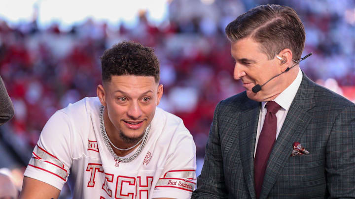 Texas Tech alum and Kansas City Chiefs quarterback Patrick Mahomes joins the College GameDay set as the guest picker before a Big 12 Conference football game, Saturday, Nov. 8, 2025, at Jones AT&T Stadium.