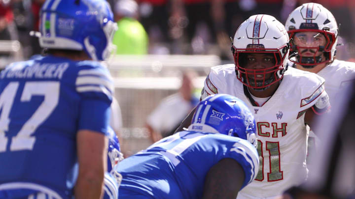 Texas Tech's David Bailey eyes BYU quarterback Bear Bachmeier before a snap in a Big 12 Conference football game, Saturday, Nov. 8, 2025, at Jones AT&T Stadium.