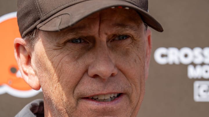 Coach Todd Monken answers media questions at the end of the Browns mini camp in Berea on April 21, 2026.