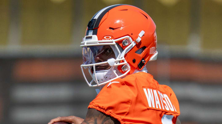 Deshaun Watson, quarterback, throws a pass at the Browns mini camp in Berea on April 21, 2026.