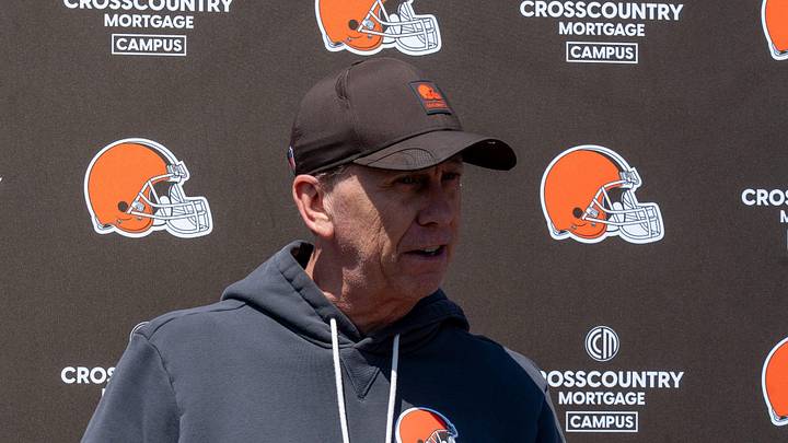Coach Todd Monken answers media questions at the end of the Browns mini camp in Berea on April 21, 2026.