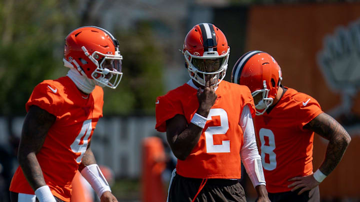 Quarterbacks Deshaun Watson, Shedeur Sanders and Dillon Gabriel practice together at the Browns mini camp in Berea on April 21, 2026.