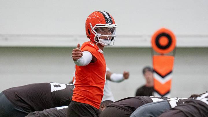 Dillon Gabriel ready to start a play at the Browns OTA camp in Berea on May 20, 2026. Dillon Gabriel ready to start a play at the Browns OTA camp in Berea on May 20, 2026.