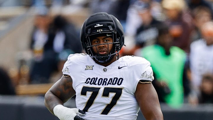 Apr 19, 2025; Boulder, CO, USA; Colorado Buffaloes offensive tackle Jordan Seaton (77) during the spring game at Folsom Field. Mandatory Credit: Isaiah J. Downing-Imagn Images