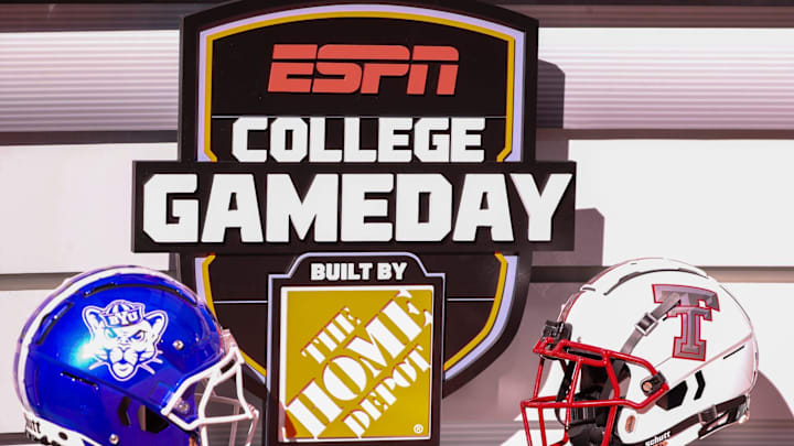 Helmets for Texas Tech and BYU are displayed on the College GameDay set before a Big 12 Conference football game at Jones AT&T Stadium.