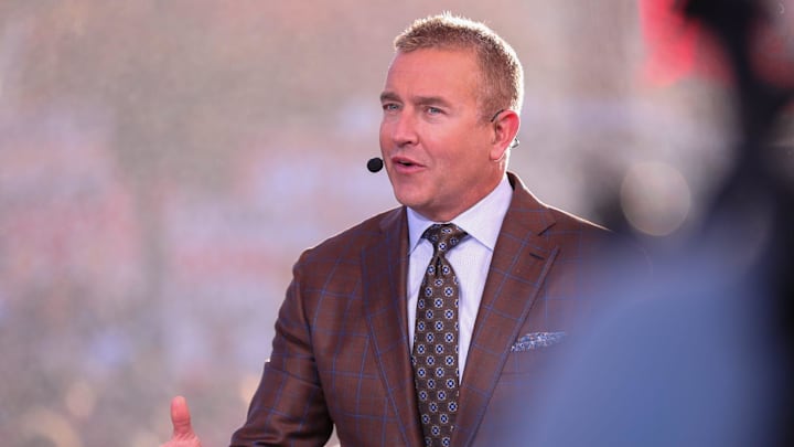 ESPN personality Kirk Herbstreit speaks during College GameDay before a Big 12 Conference football game, Saturday, Nov. 8, 2025, at Jones AT&T Stadium. ESPN personality Kirk Herbstreit speaks during College GameDay before a Big 12 Conference football game, Saturday, Nov. 8, 2025, at Jones AT&T Stadium.