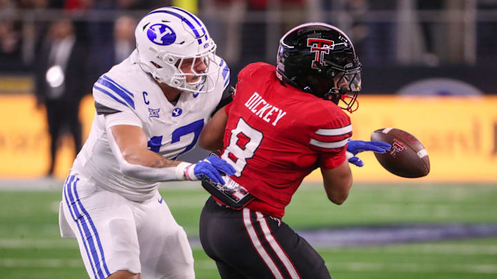 BYU's Jack Kelly breaks up a pass intended for Texas Tech's Cameron Dickey during the Big 12 Conference championship football game, Saturday, Nov. 6, 2025, at AT&T Stadium in Arlington.