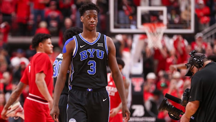 BYU's AJ Dybantsa walks the floor before a Big 12 Conference men's basketball game against Texas Tech, Saturday, Jan. 17, 2026, in United Supermarkets Arena.