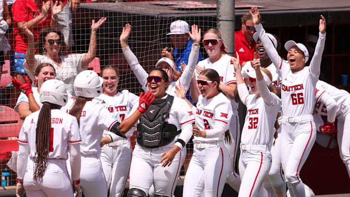 Texas Tech players react to Lauren Allred's home run against Mississippi State to end a game in the Lubbock Regional of the 2025 NCAA softball tournament, Saturday, May 17, 2025, at Rocky Johnson Field.