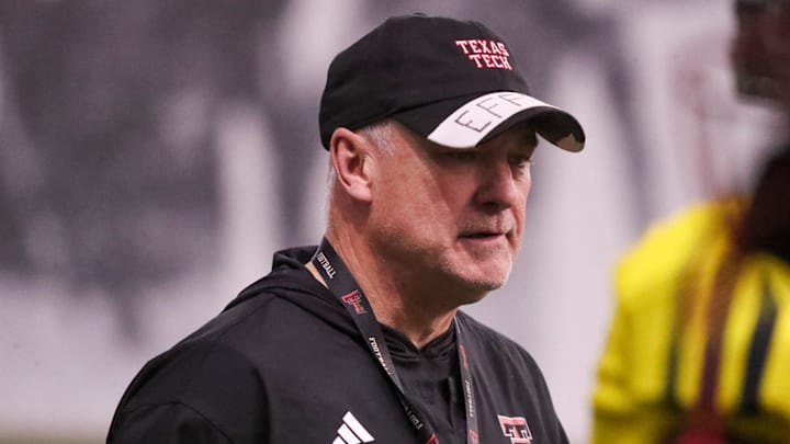Texas Tech head coach Joey McGuire walks the field during spring football practice, Tuesday, April 14, 2026, at the Womble Football Center.