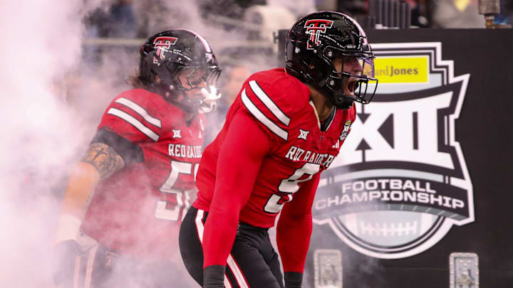 Texas Tech's Romello Height makes his entrance before the Big 12 Conference championship football game, Saturday, Nov. 6, 2025.